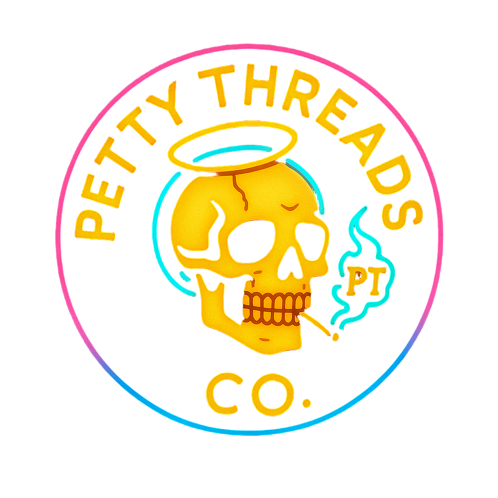 Logo of Petty Threads Co. featuring a stylized skull with a halo and colorful border.